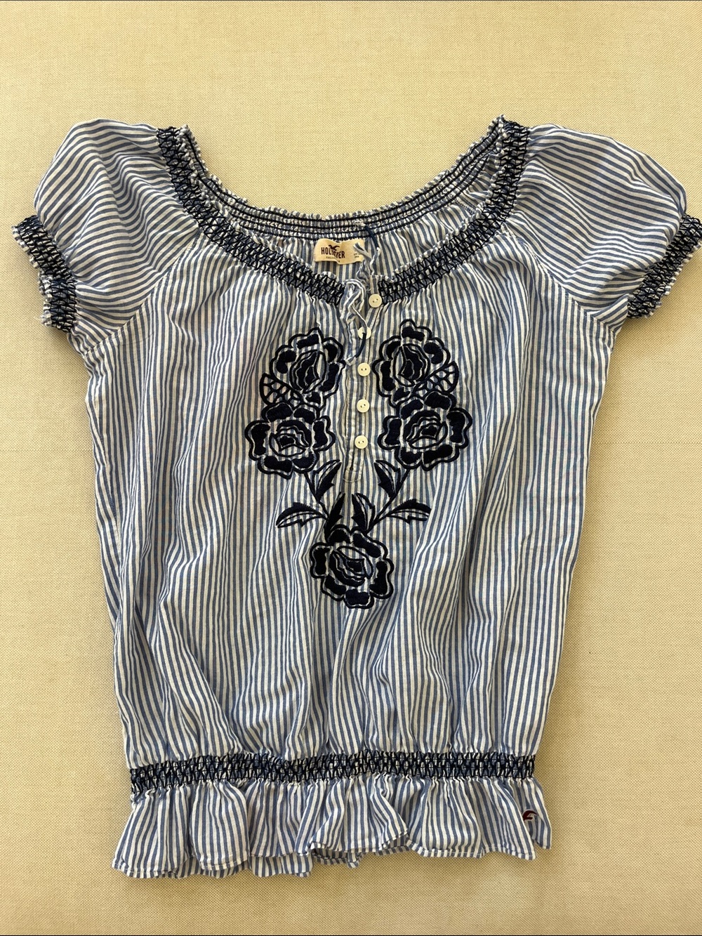 Hollister Blue and White Striped Embroidered Peasant Blouse